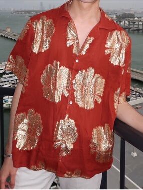 Men's Rust Orange Short-Sleeve Button-Down with Gold Foil Floral